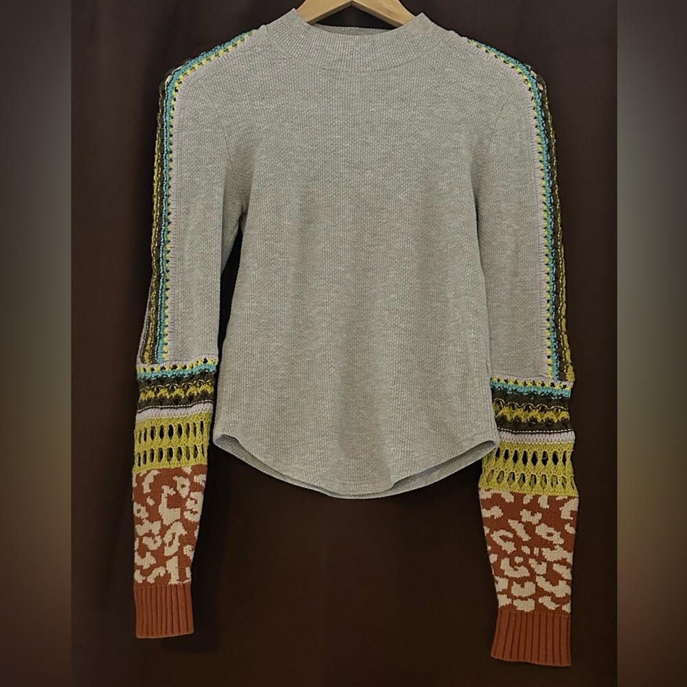 Free People Gray Top with Colorful Patterned Sleeves